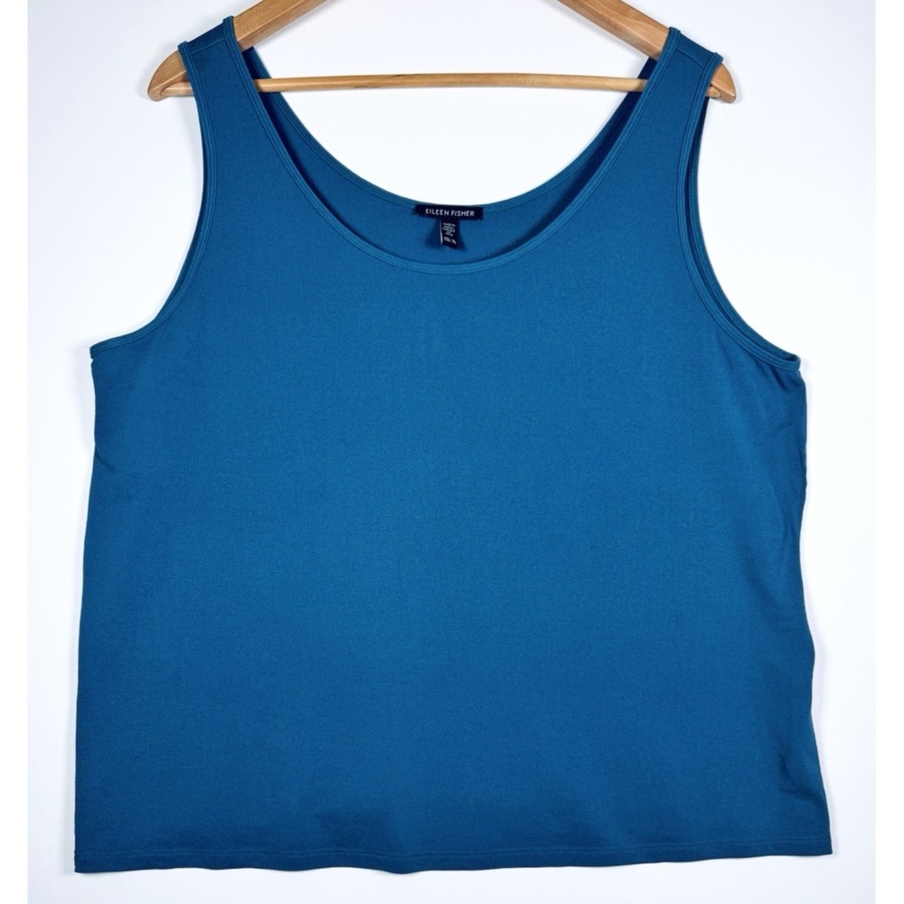 Eileen Fisher Silk Tank Top XL Teal Blue Scoop Neck Sleeveless Minimalist Casual